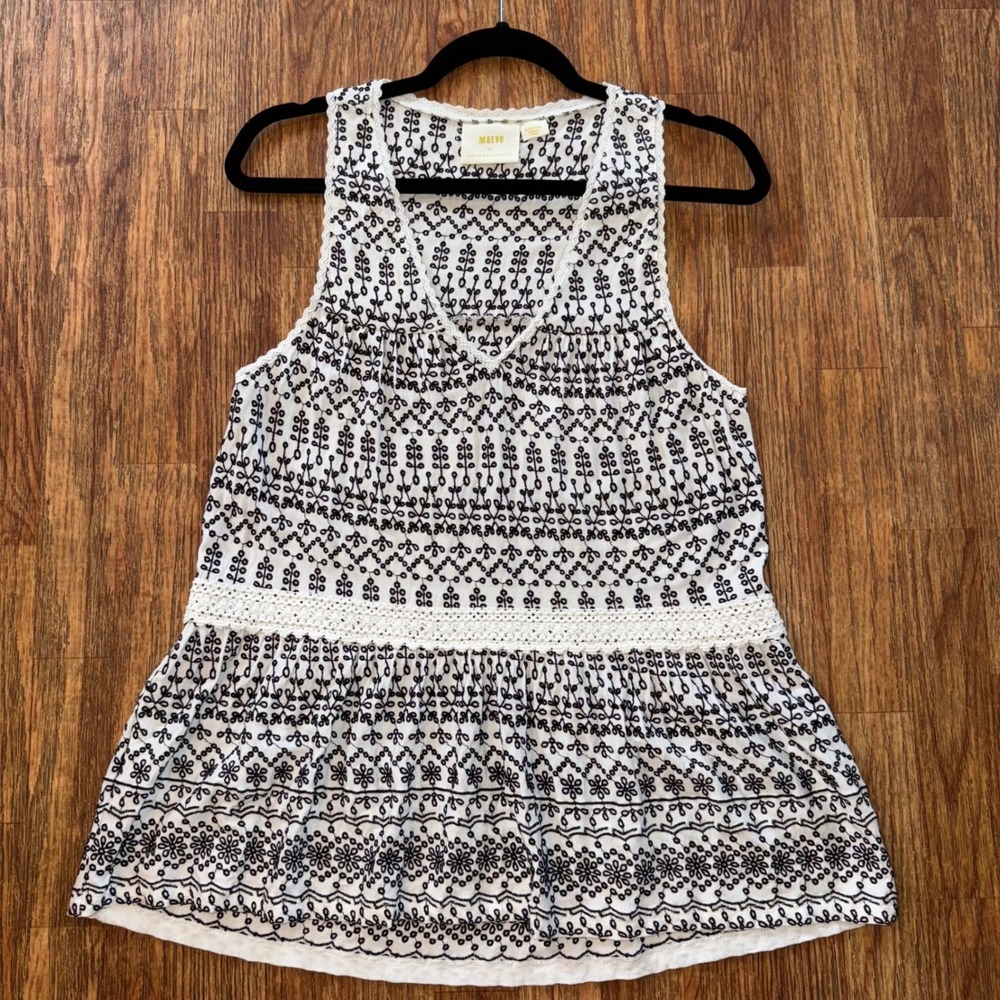 Maeve Anthropologie Embroidered Boho Chic Peplum Tank Top Black White Medium